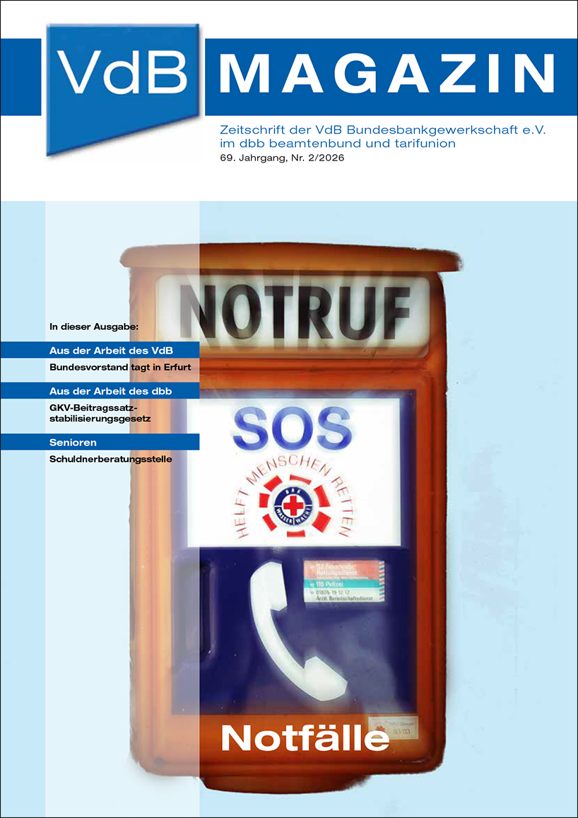 Cover der Zeitschrift VdB Magazin Ausgabe 2 2026 © VdB Bundesbankgewerkschaft – im dbb beamtenbund und tarifunion – e.V. Auf dem Cover ist eine Notrufsaeule abgebildet.