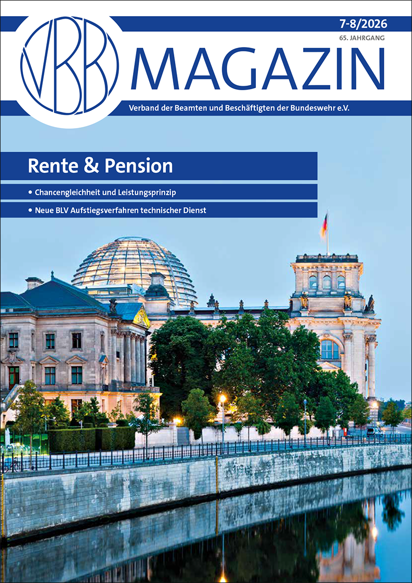 Cover der Zeitschrift vbb magazin Ausgabe 7-8 2026 © Verband der Beamten der Bundeswehr e.V. (VBB) im dbb. Auf dem Cover ist der Deutsche Bundestag und ein Teil der Spree zu erkennen.