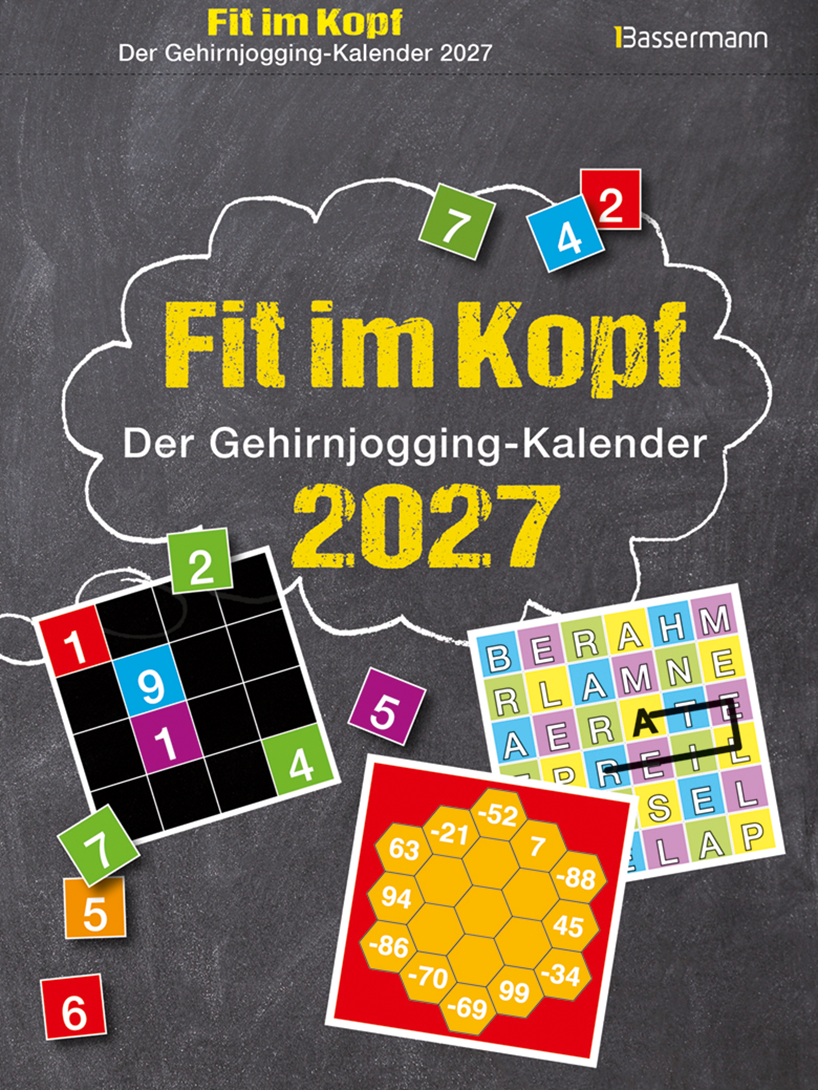 Cover zum Kalender Fit im Kopf von Eberhard Krüger ©Bassermann. Großer gelber Buchtitel auf grauem Hintergrund. Umrandet von einer gemalten Wolke. Verstreut liegen einige Spiele auf dem Hintergrund. Zum Beispiel ein Sudoku-Raetsel. Plus weitere Spiele mit